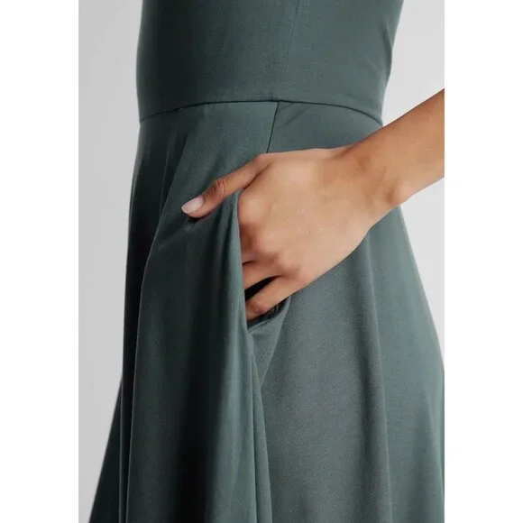 Quince Tencel Jersey Fit & Flare Dress Dark Olive-sz Medium - Picture 4 of 13